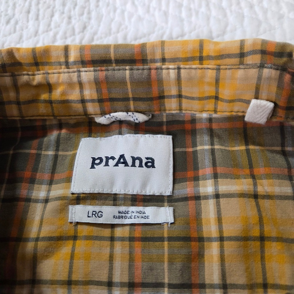 Prana Large Plaid Short Sleeve Button Up Shirt Mustard Yellow Organic Cotton - Picture 2 of 4